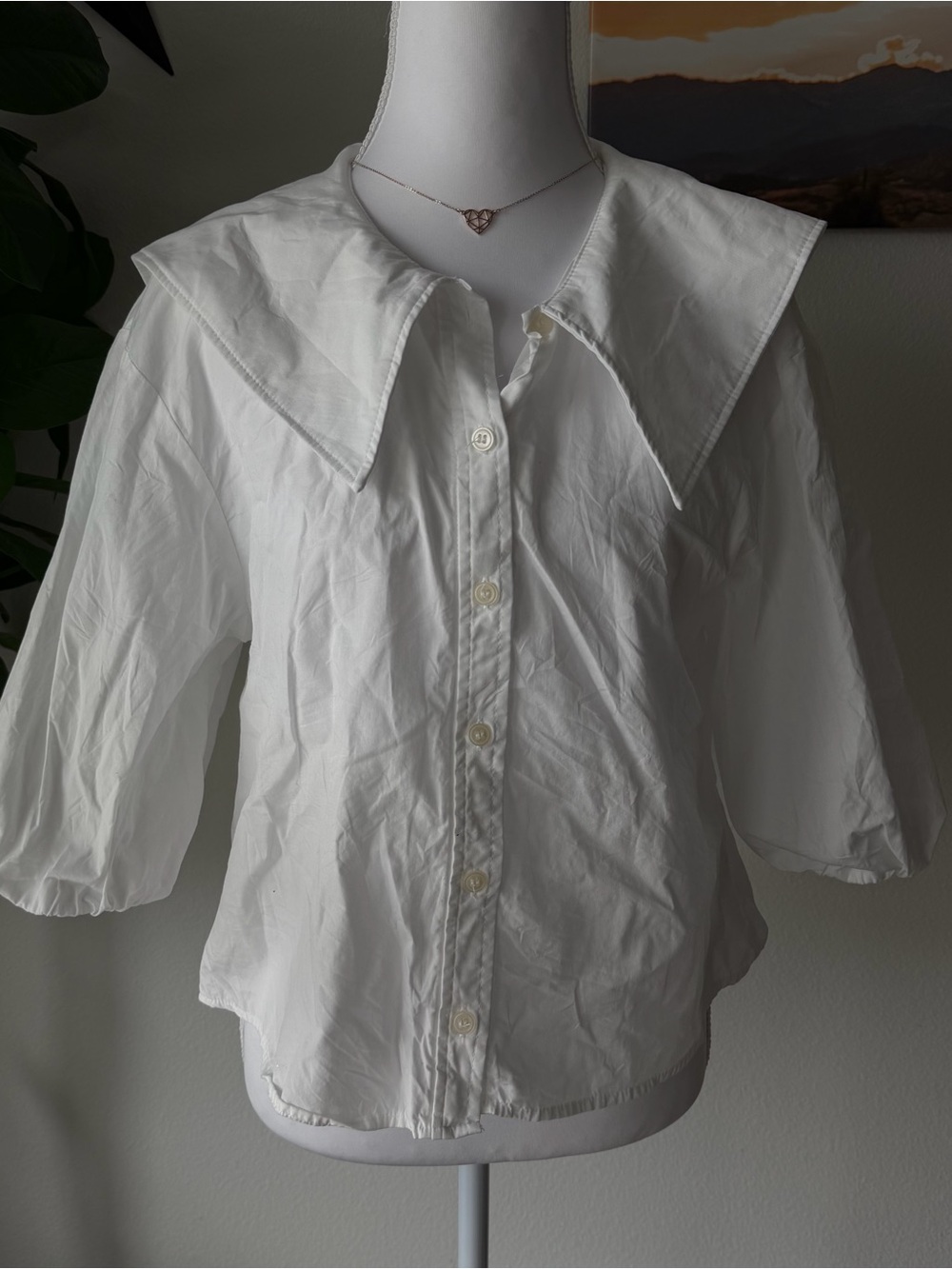 Zara White Button-Down Top with Oversized Collar
